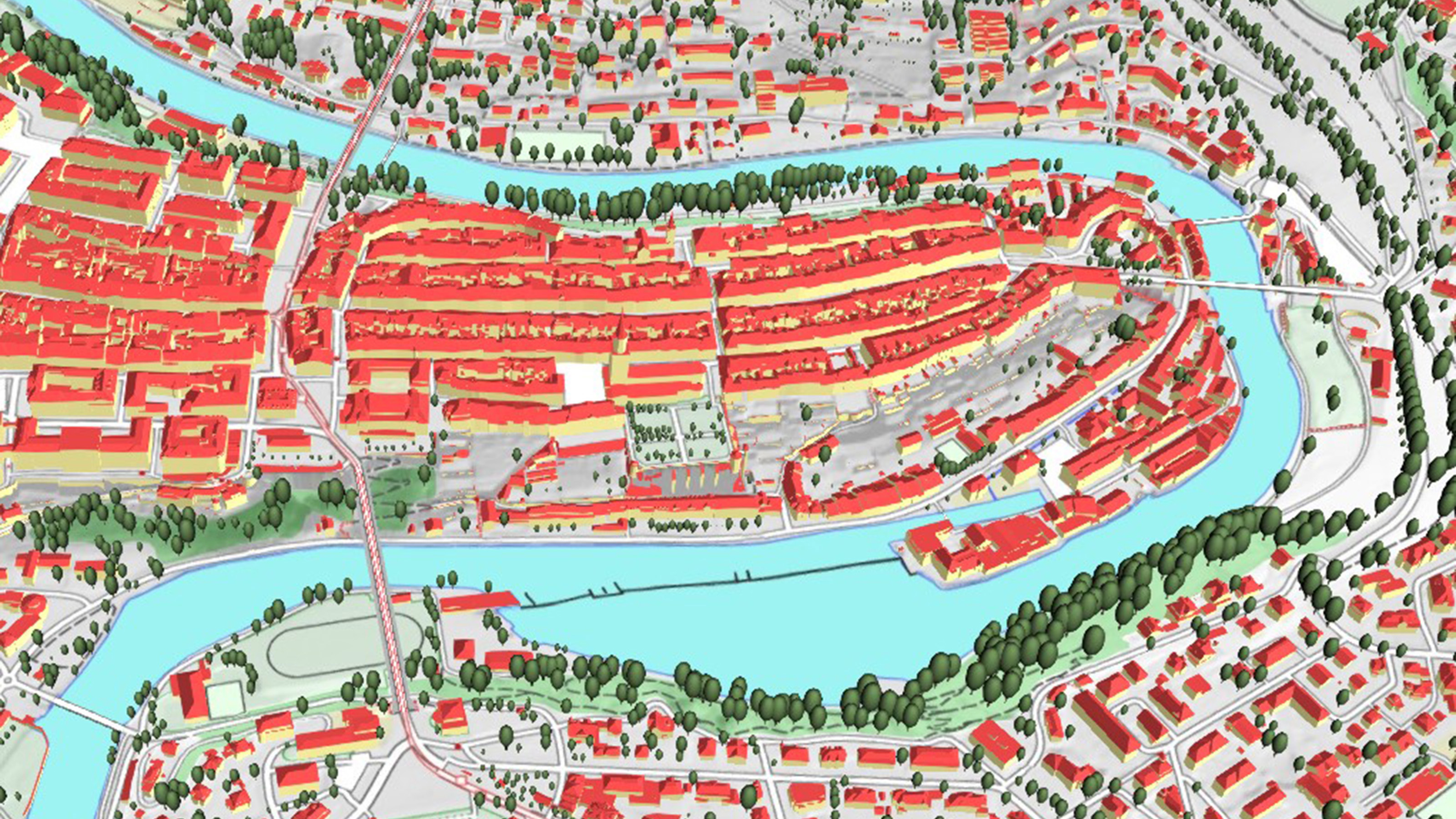 Virtuelle Darstellung der Altstadt von Bern, aus der Luft gesehen