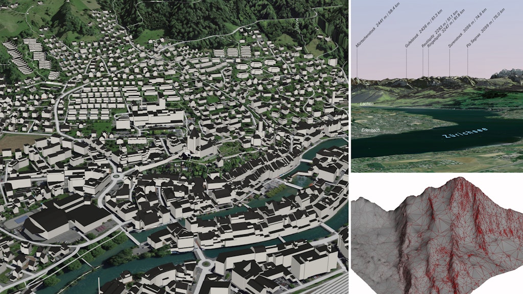 The cover picture shows with the 3D package in OBJ format on the left and the Digirama and terrain in FBX format on the right three services offered by swisstopo