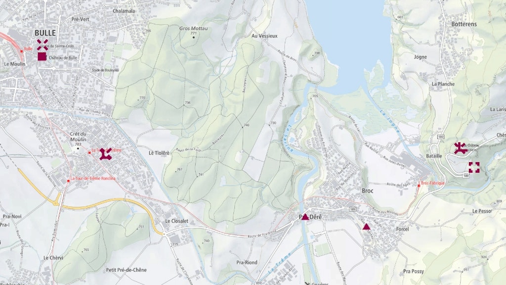 Screenshot interaktive Karte mit Burgen und Ruinen rund um den Greyerzersee