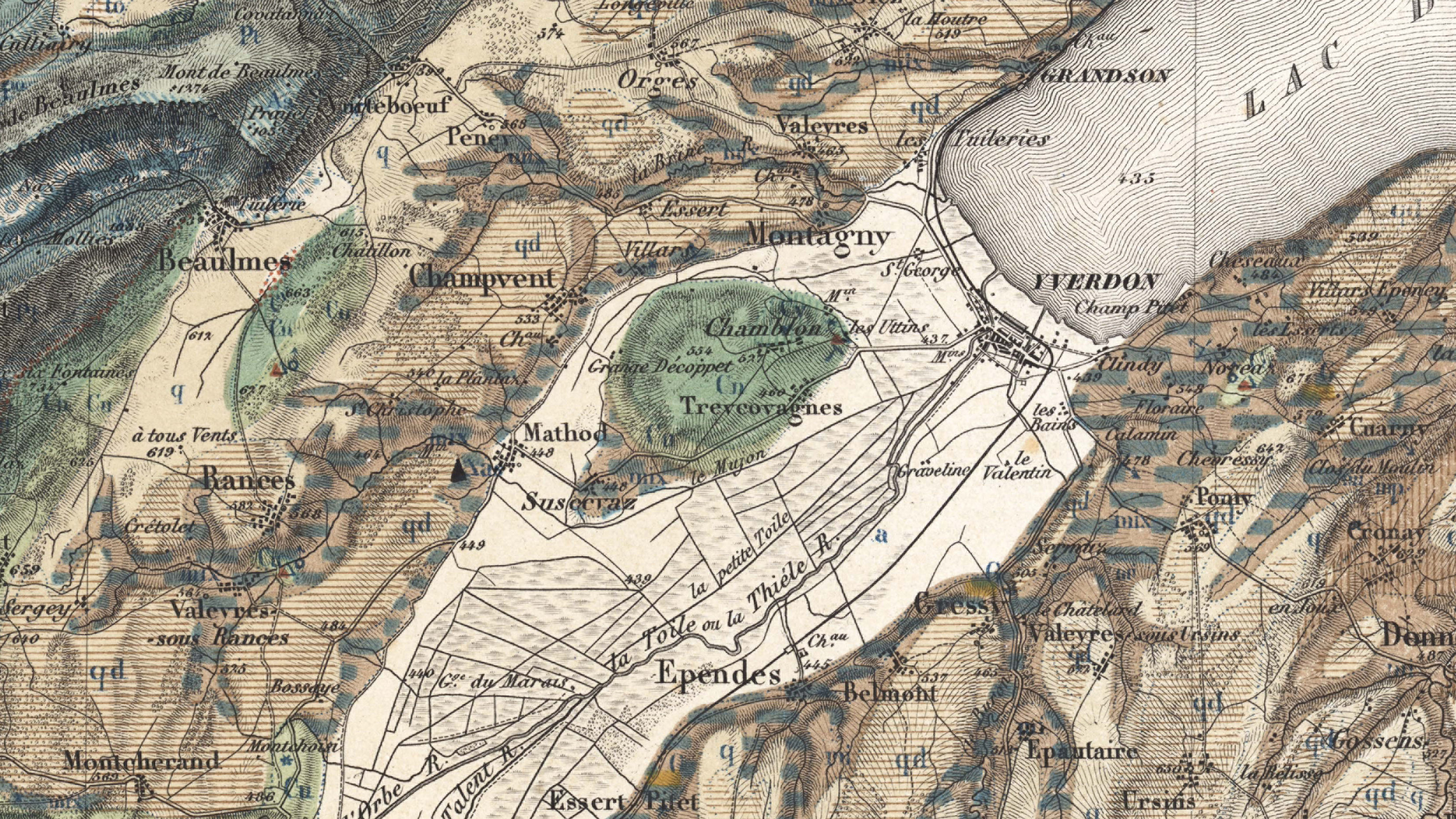 Ausschnitt aus der Geologischen Karte der Schweiz, Blatt 11. Der Ausschnitt zeigt den Raum Yverdon in zahlreichen Farben, die unterschiedliche geologische Gesteinsschichten markieren.