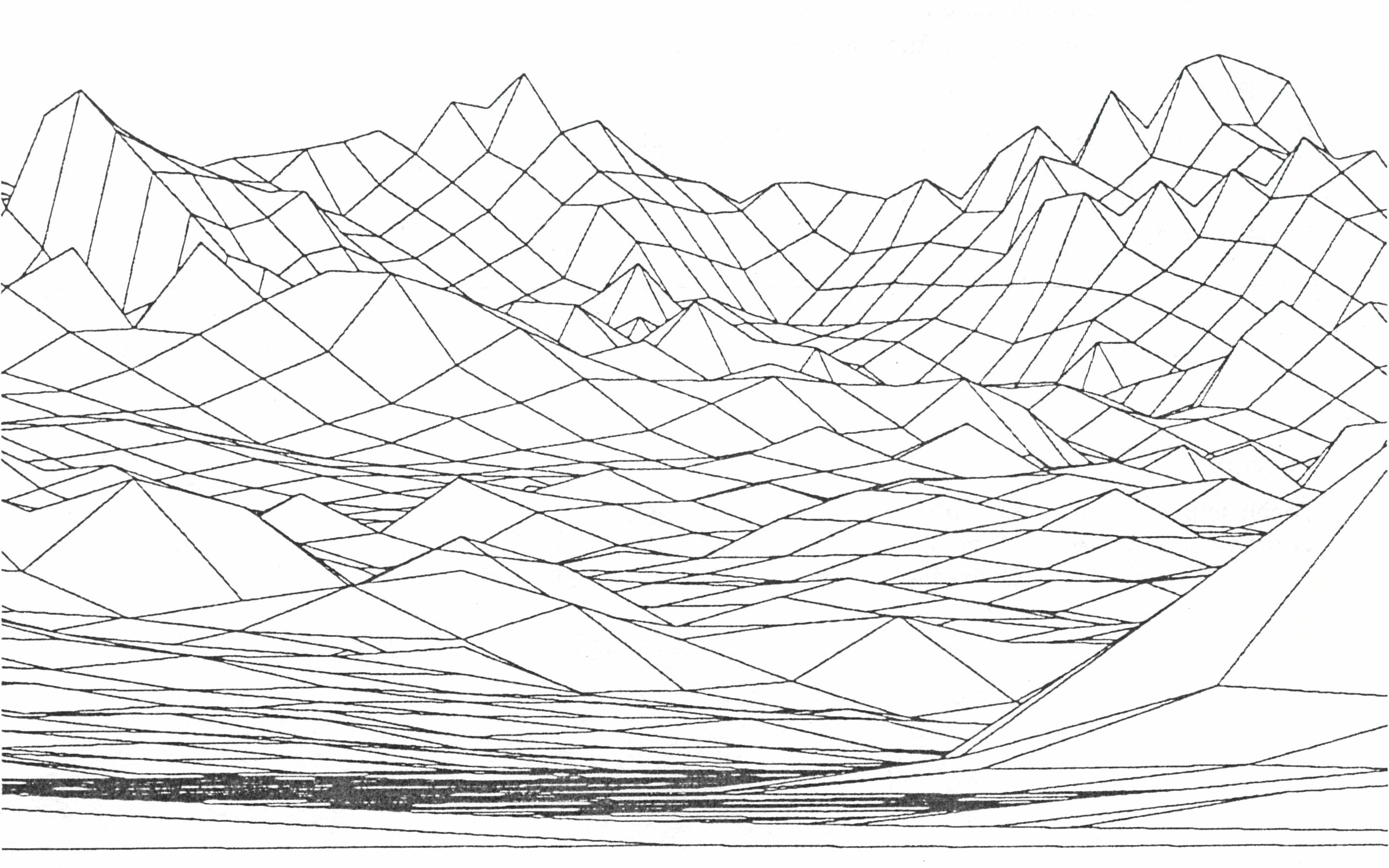Panoramische Darstellung von Eiger, Mönch und Jungfrau in einem grobmaschigen digitalen Gitterraster.