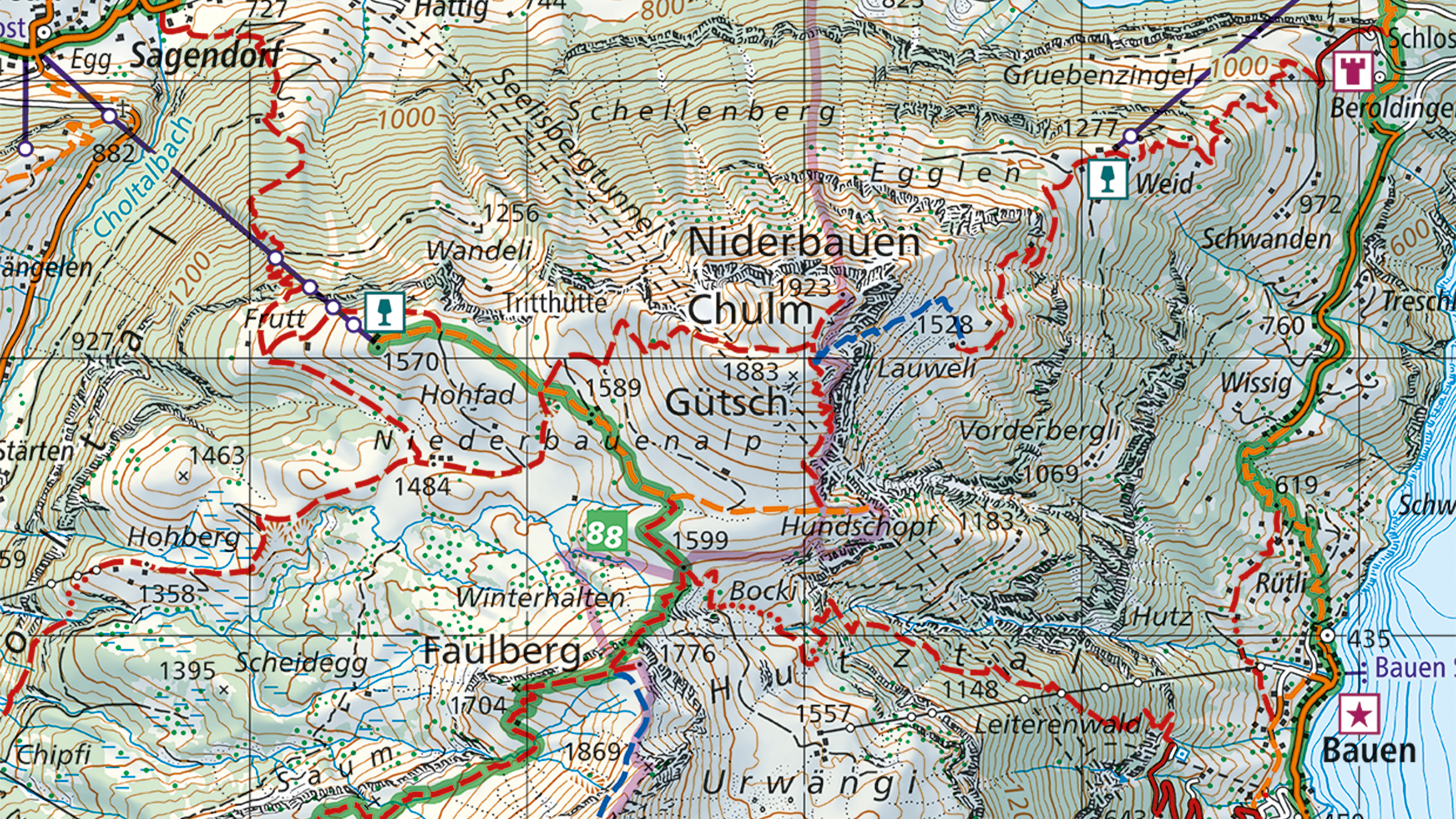 Hiking map with thematic content