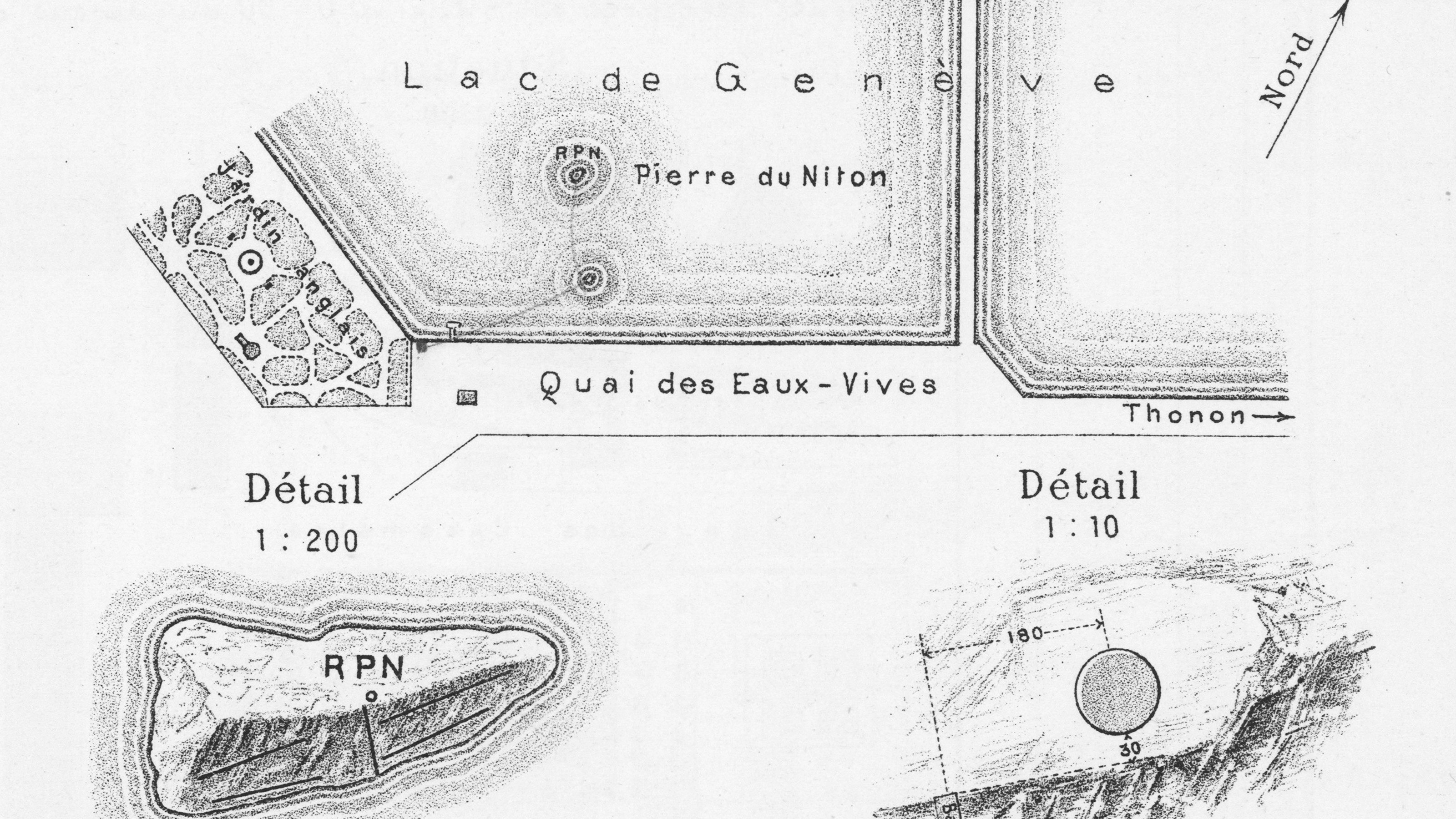 Skizze, die die Lage des Versicherungsbolzens des RPN auf dem Findling im Genfer Seebecken zeigt.