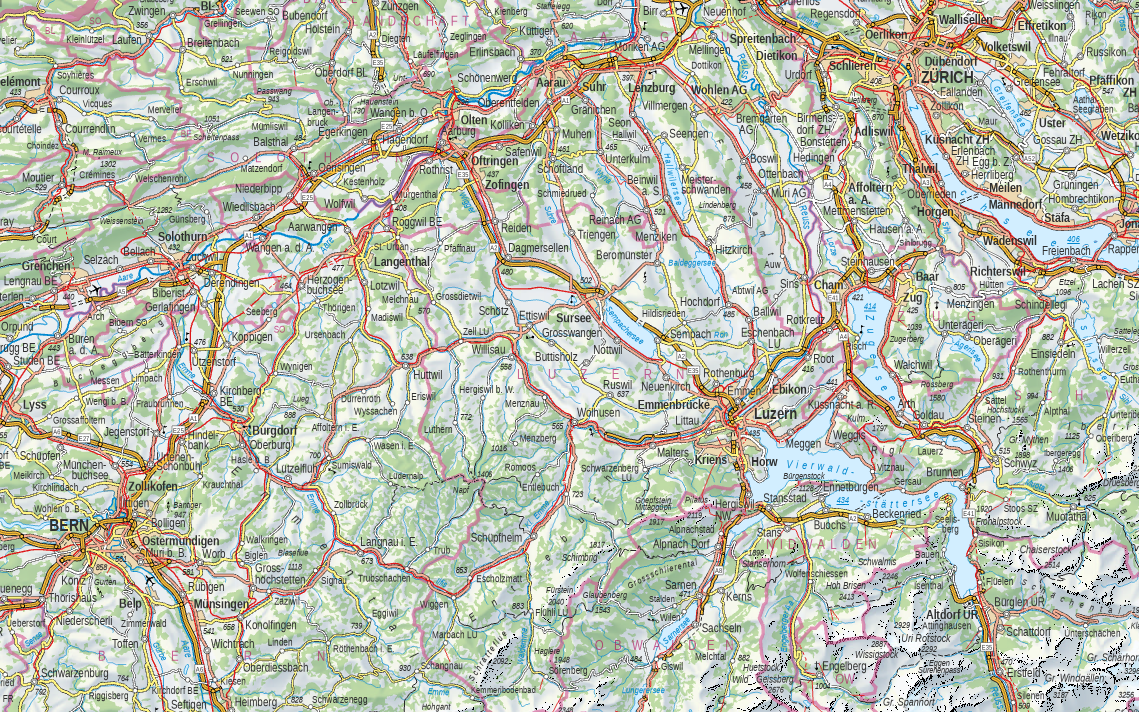 L'image montre un extrait de la carte Swiss Map Vector 500 de la région de Zurich à Berne avec Delémont et Amsteg.