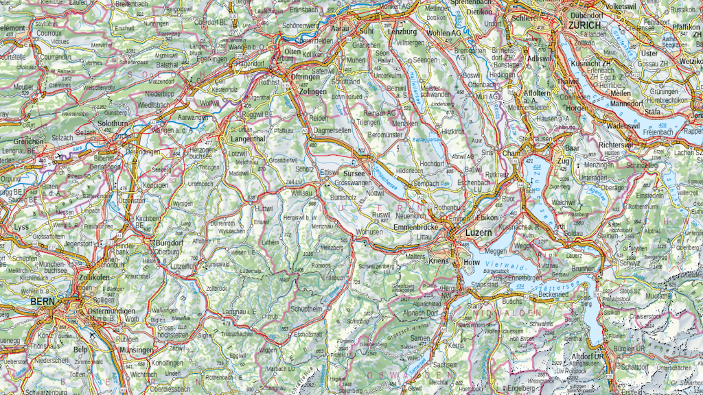 L'image montre un extrait de la carte Swiss Map Vector 500 de la région de Zurich à Berne avec Delémont et Amsteg.