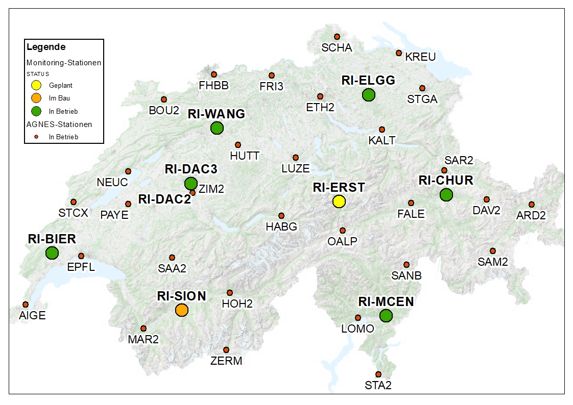 Distribuzione delle stazioni di monitoraggio dell'integrità in Svizzera e il loro stato di installazione