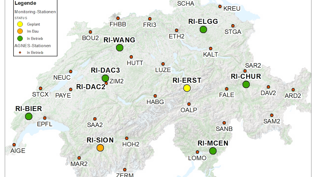 Distribuzione delle stazioni di monitoraggio dell'integrità in Svizzera e il loro stato di installazione