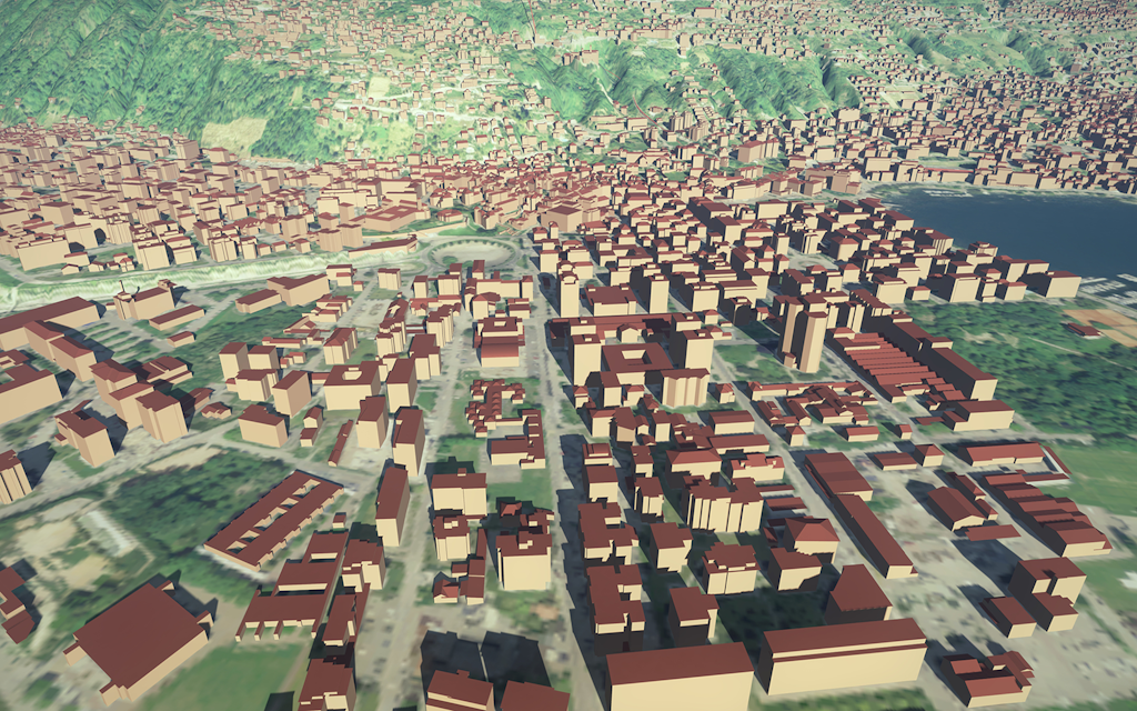 Das Bild zeigt 3D-Gebäudemodelle von Locarno integriert in einem 3D-Modell, das mit einem Luftbild texturiert ist.