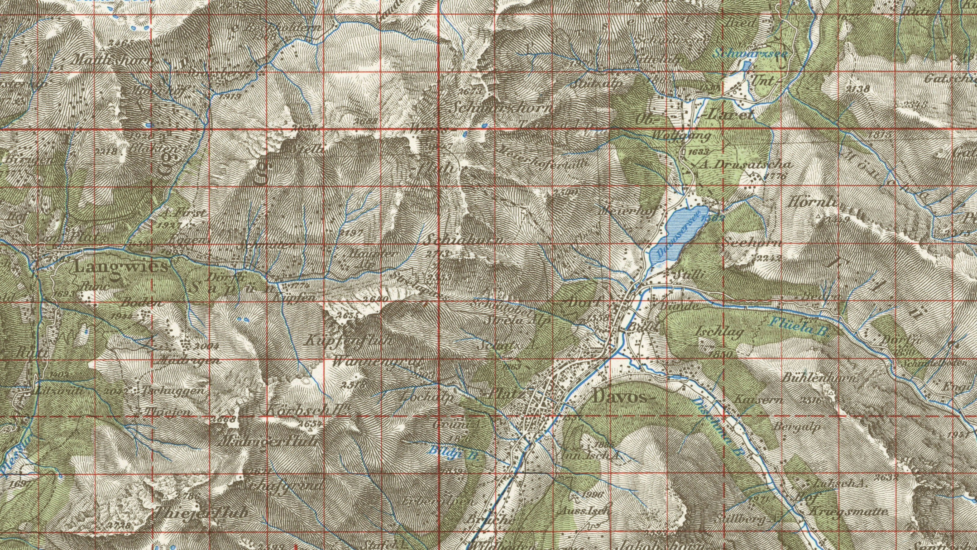 Der Ausschnitt aus der Dufourkarte zeigt Davos und seine Umgebung, die mit einem roten Kilometergitter überzogen sind.