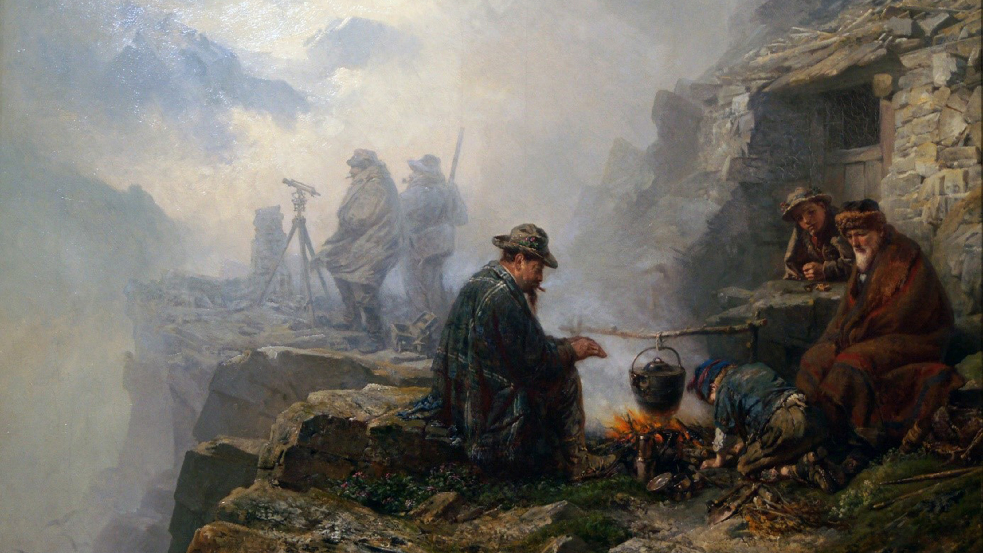 The painting shows four people gathered around a campfire in mountainous terrain. In the background, two men stand behind a theodolite in the fog.
