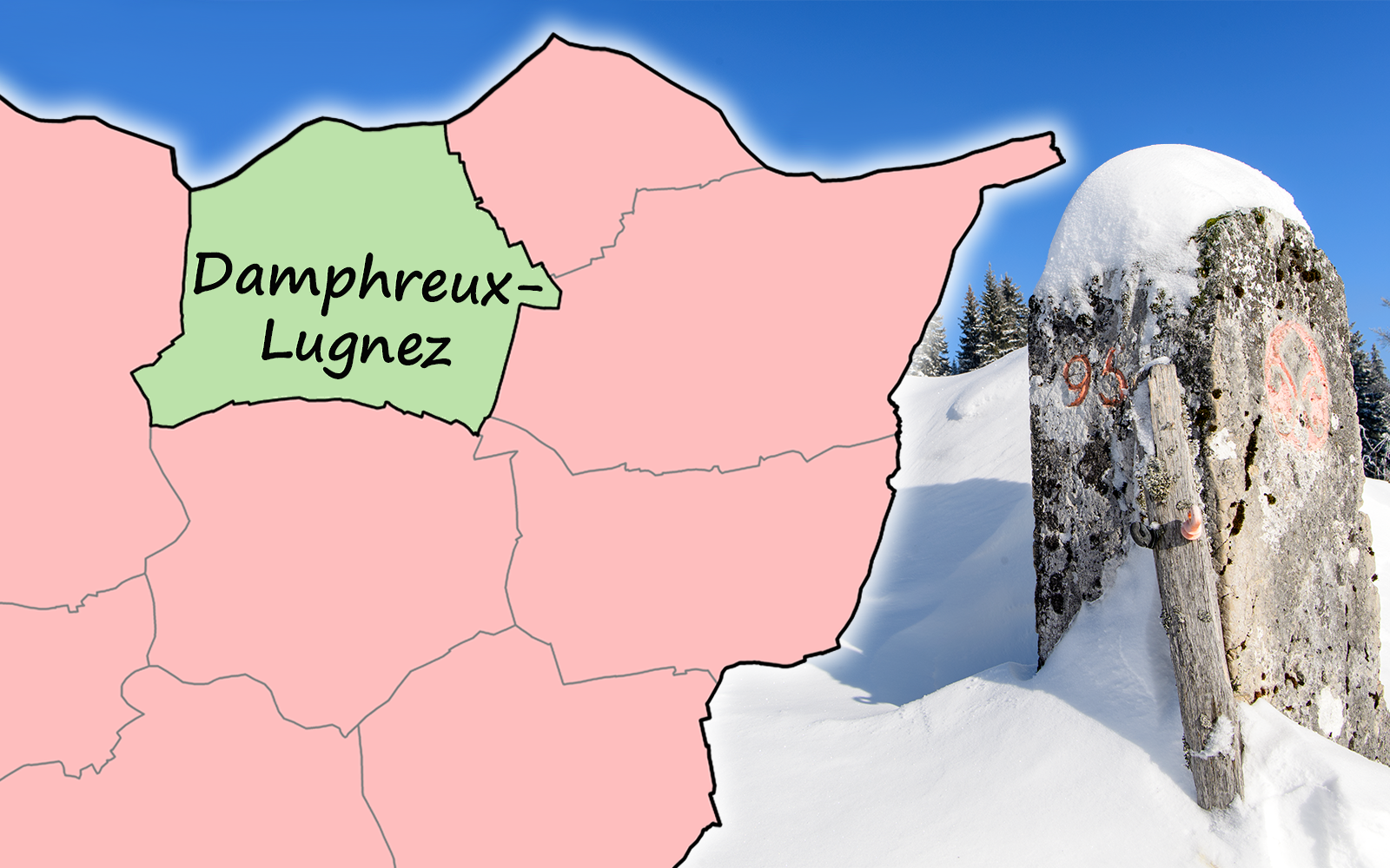 Das Bild zeigt auf der rechten Seite einen Grenzstein in schneebedeckter Landschaft. Auf der linken Seite die Gemeindegrenzen im nördlichen Teil des Kantons Jura, im französischen Grenzgebiet, mit dem Gemeindename 'Damphreux-Lugnez'. 