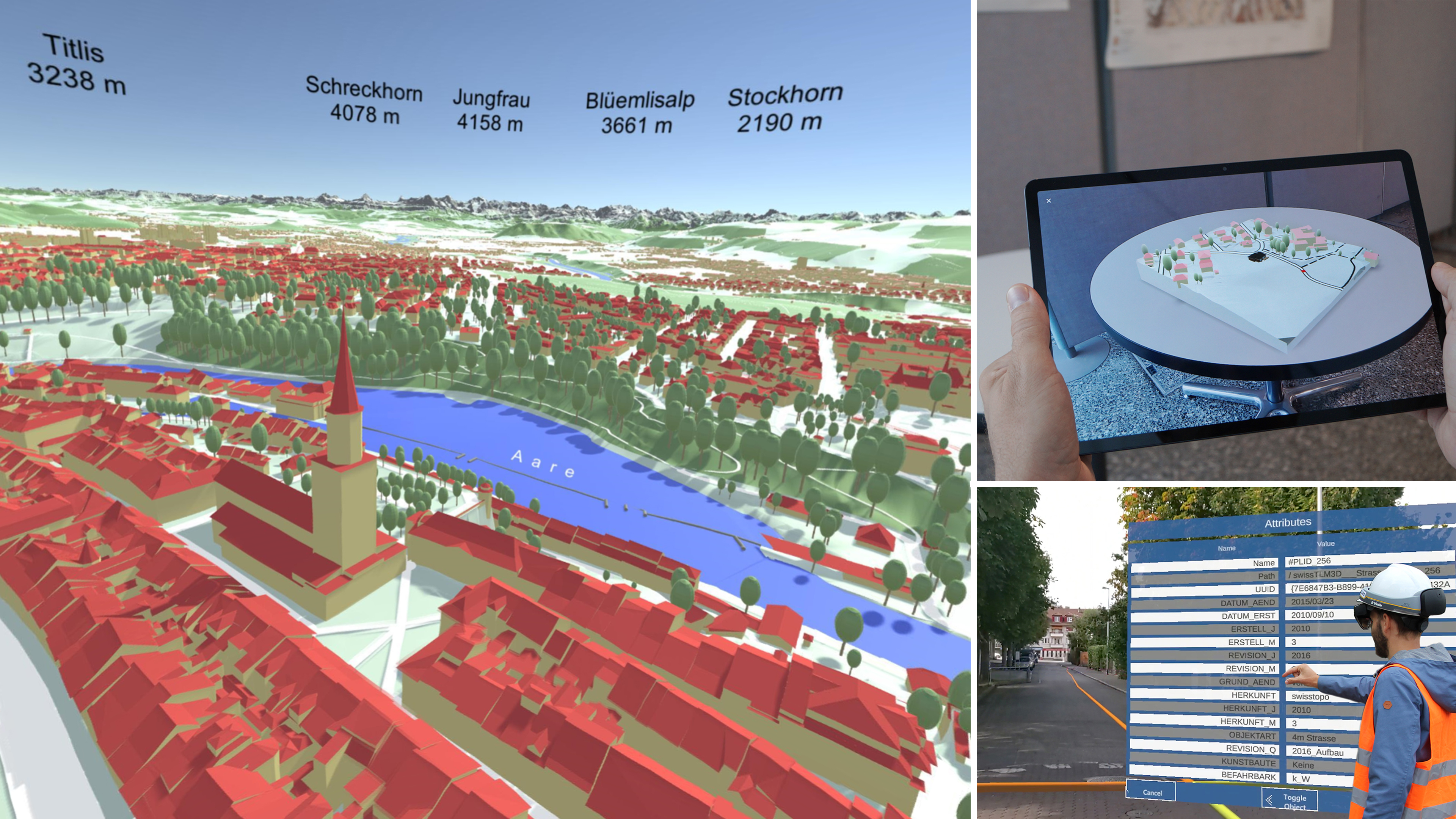 Composite image: The main image on the left shows Bern's old town with the cathedral and the Bernese Alps from a virtual bird's eye view. The two smaller images on the right: AR presentation of a building project and outdoor geometry overlay with attribute query.
