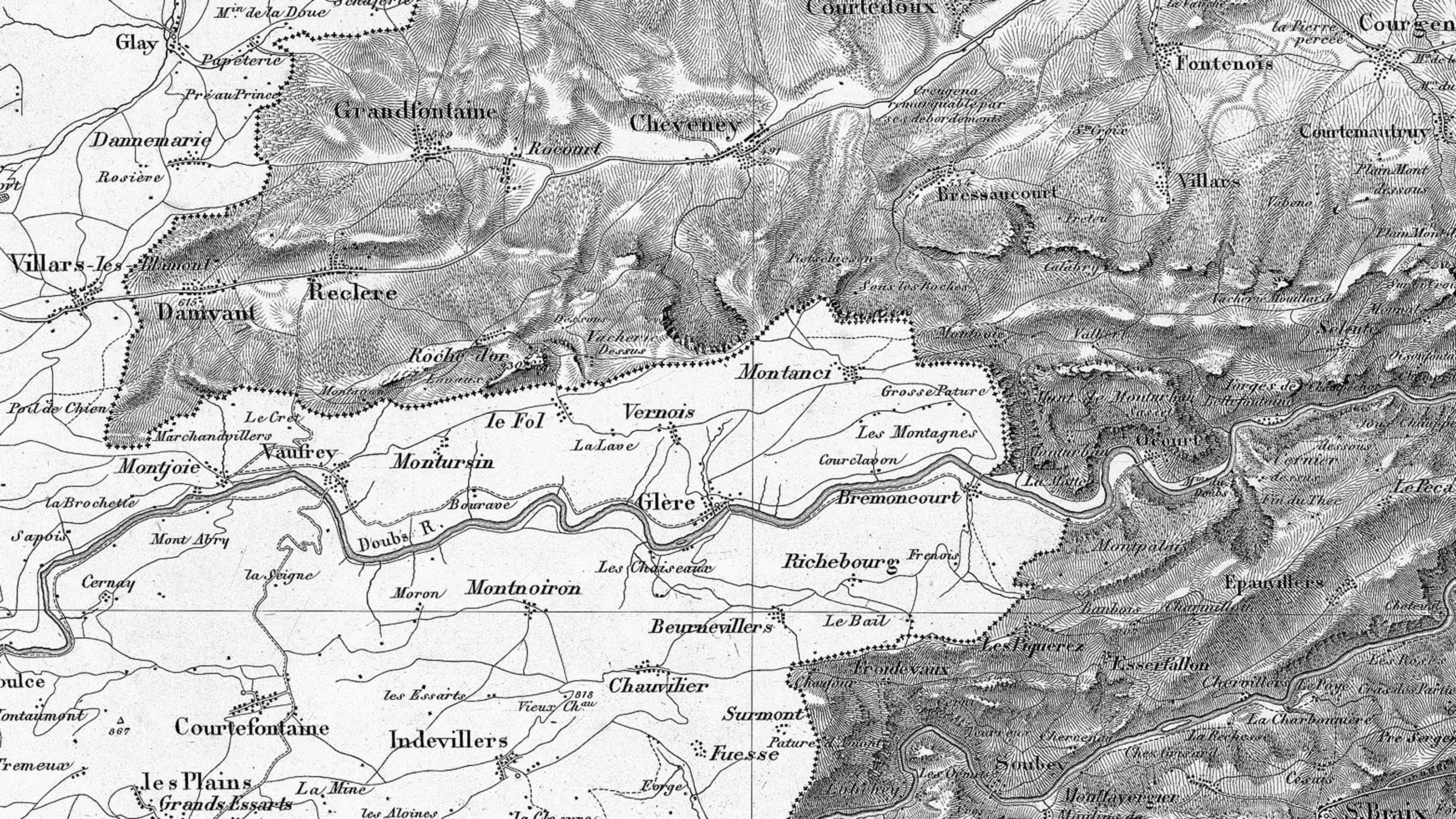 Die Abbildung zeigt einen Teil des Juras auf Blatt VII der Dufourkarte sowie das französische Ausland. Das Schweizer Territorium hebt sich unter anderem durch das stark hervortretende Relief von den nur schematisch dargestellten französischen Gebieten ab.