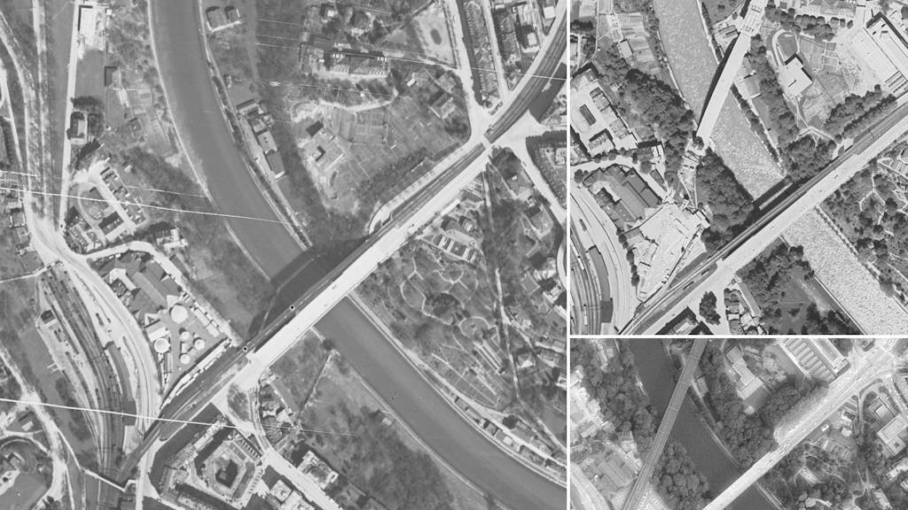 Série temporelle de photos aériennes (1931, 1938, 1981), qui documentent la formation du pont de chemin de fer à Berne