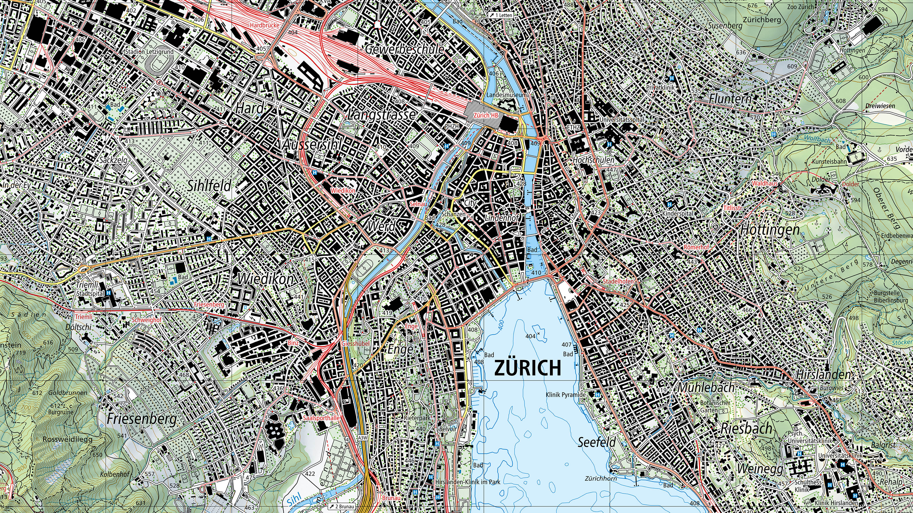 Ausschnitt Zürich aus der Landeskarte im erneuerten Design. Unter anderem treten nun die Bahnlinien rot hervor, die Schrift ist serifenlos und die Strassen nach Verkehrsrelevanz in unterschiedlichen Farbtönen gehalten.