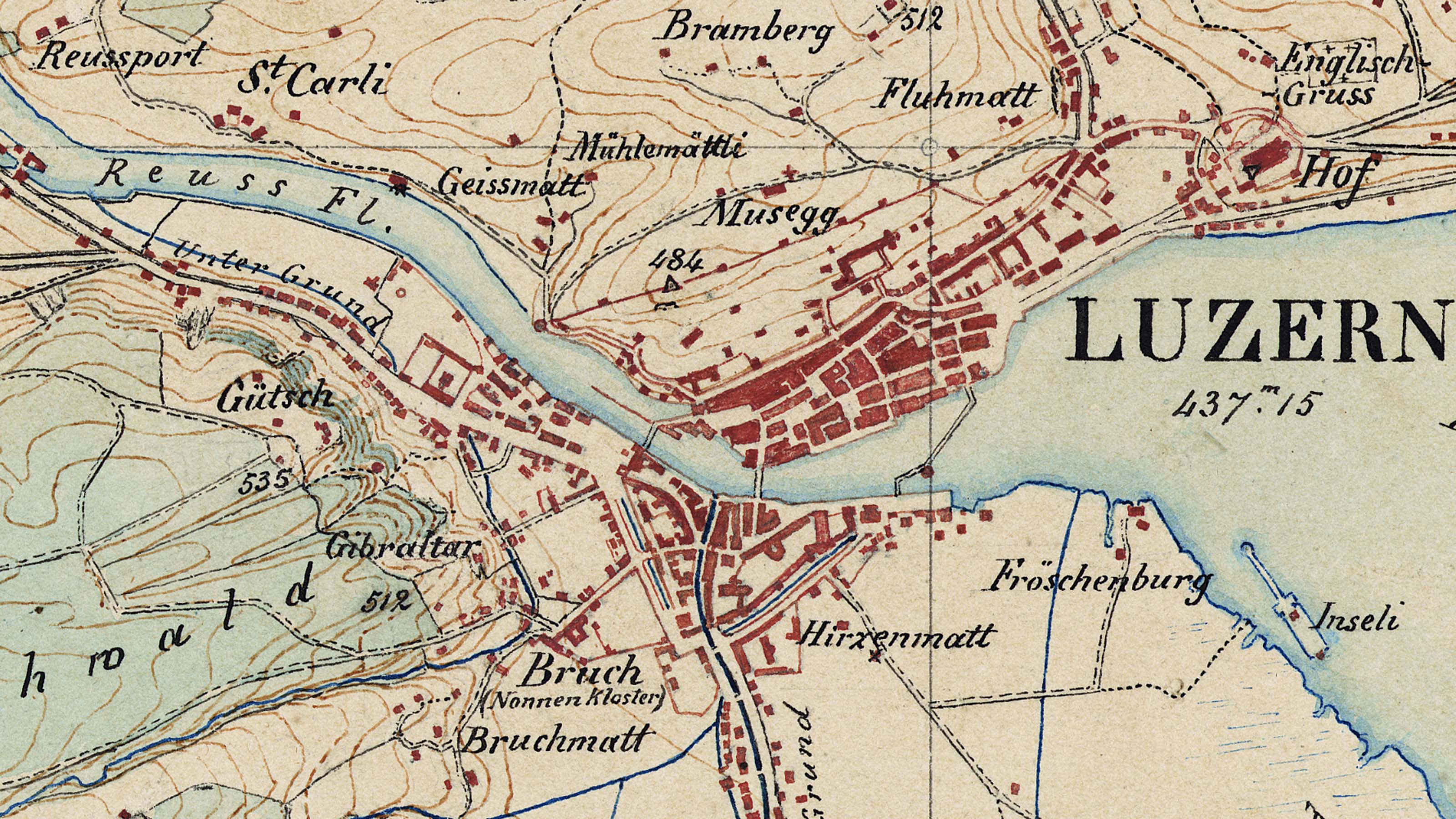 Section of an original 1:25 000 map from 1856, Lucerne. The hand-drawn map is multi-coloured and shows the historical centre of Lucerne, the Reuss River and Lake Lucerne.