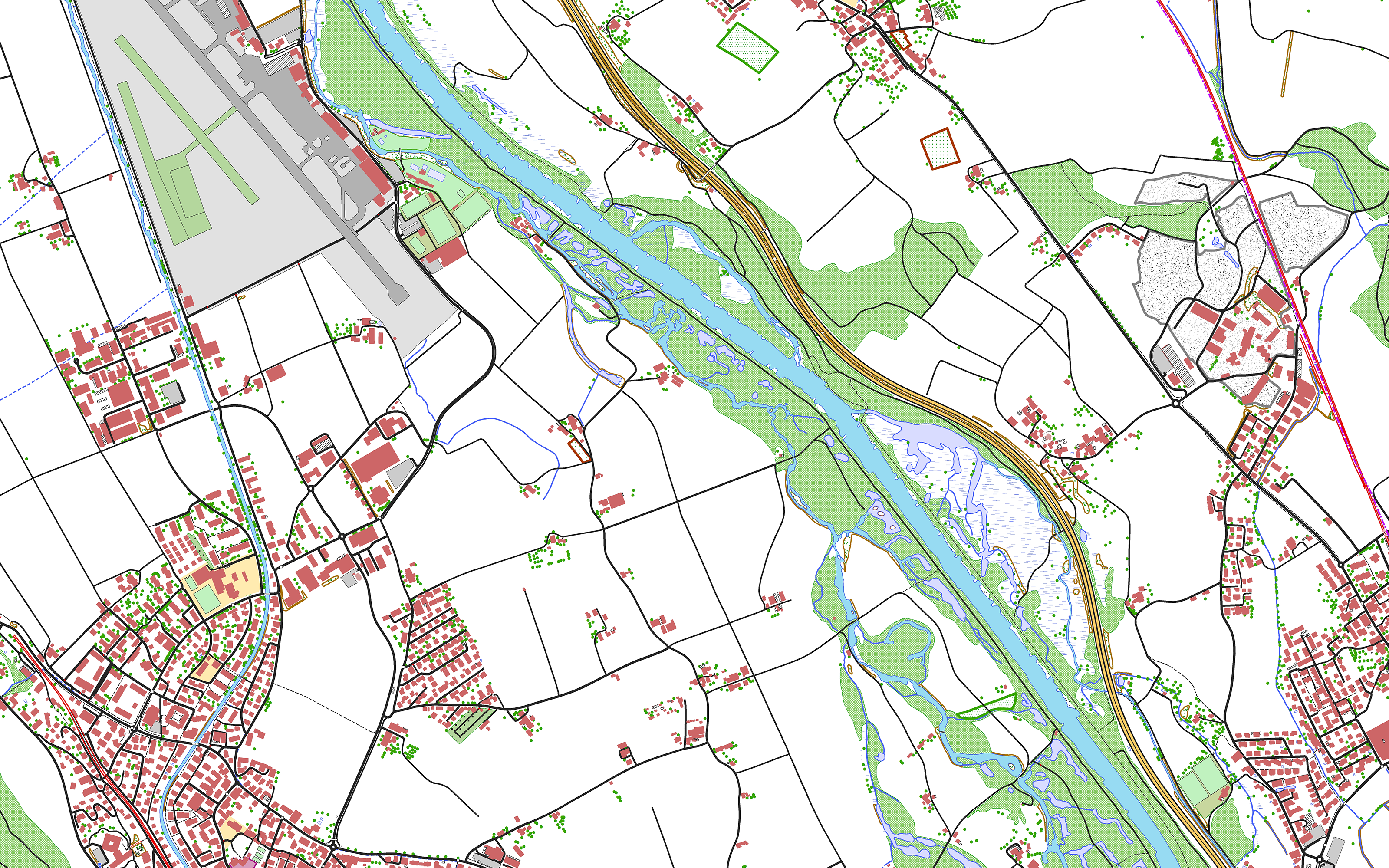The image shows the swissTLM3D landscape model in the Belp - Rubigen - Allmendingen b. Bern region