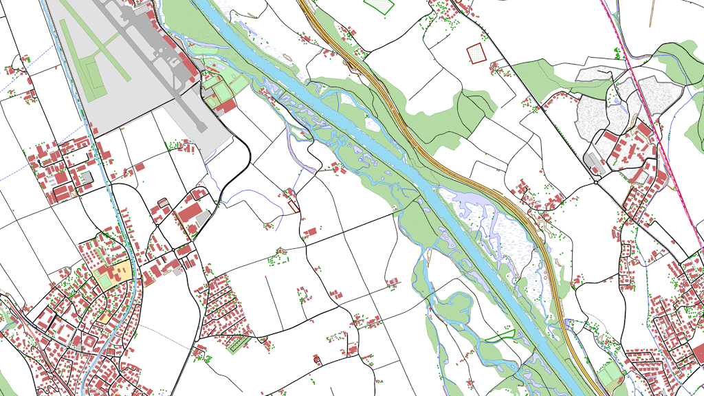 The image shows the swissTLM3D landscape model in the Belp - Rubigen - Allmendingen b. Bern region