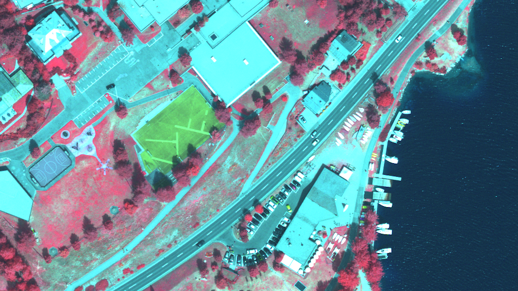 The image shows an infrared aerial view of the St. Moritz (GR) area with lake.