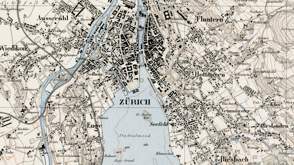 Extrait de la carte Siegfried dans la région de Zurich. La carte est multicolore. Le centre ville et le lac sont visibles. Le détail de la feuille 161 de la première édition de la carte Siegfried au 1:25 000 date de 1881.