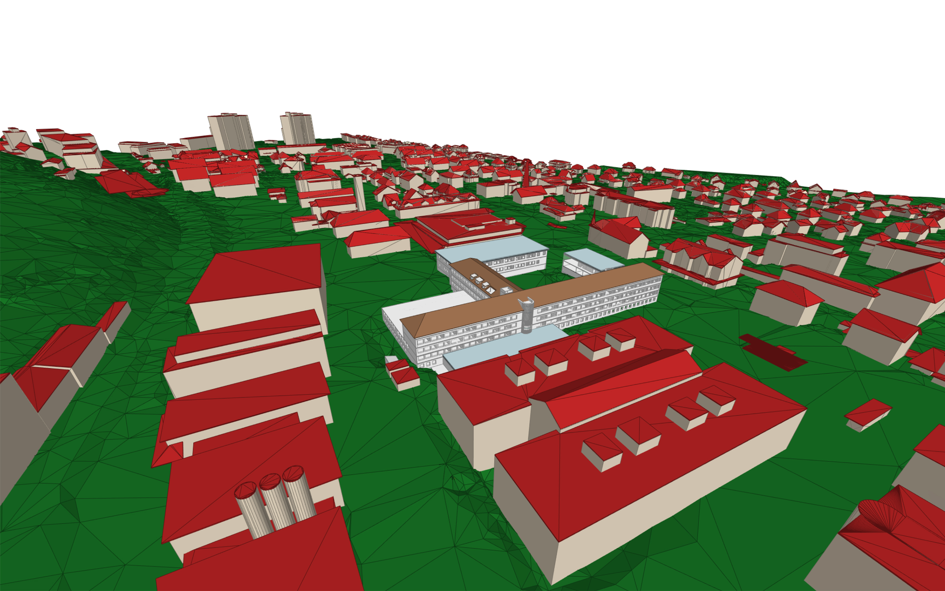 The image shows the building and terrain as IFC combined with the BIM model of the swisstopo headquarters in Wabern.
