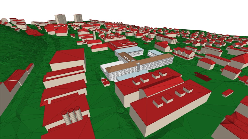 The image shows the building and terrain as IFC combined with the BIM model of the swisstopo headquarters in Wabern.