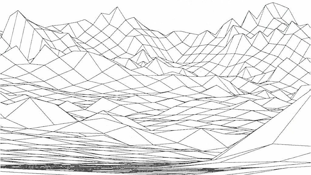 Représentation panoramique de l'Eiger, du Mönch et de la Jungfrau dans un quadrillage numérique à grosses mailles.
