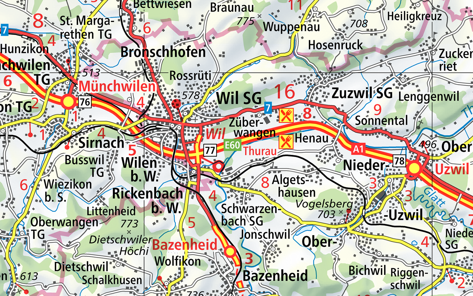 The picture shows a section of the road map with the surroundings of Wil SG