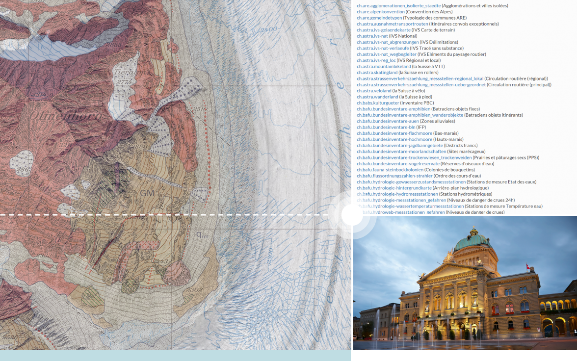 Bildkollage - Links digitaler Kartenausschnitt, rechts oben Datenintegrationstabelle mit den Geodaten des Bundes und rechts unten das Bundeshaus beleuchtet