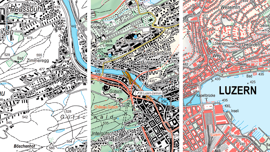 L'immagine mostra una sezione della mappa svizzera Vector 25 della città di Lucerna.