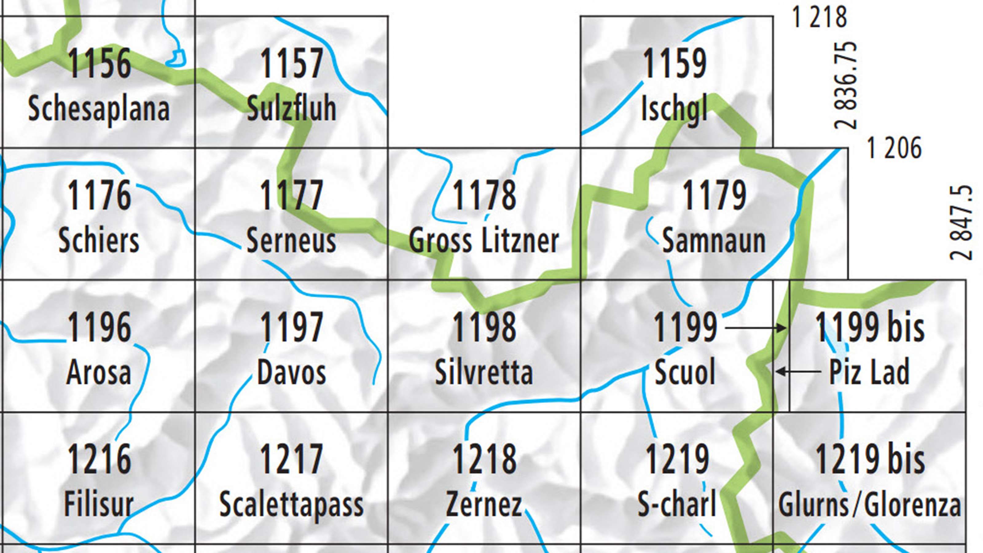 Extract from the sheet division of the national map, Graubünden region.