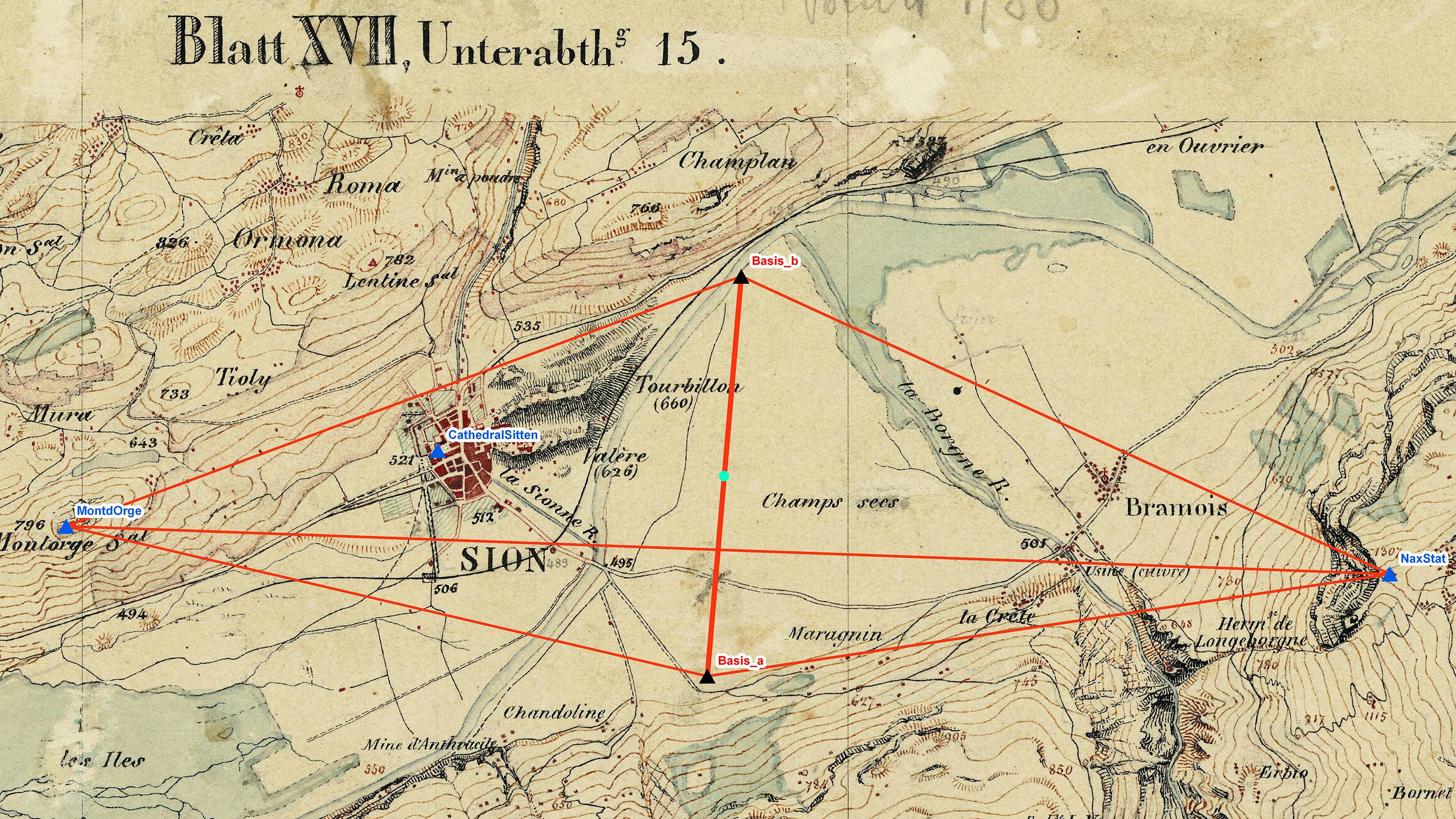 Die Basis von Sion aus dem Jahr 1831 und ihre Übertragung auf die benachbarten Triangulationspunkte Mont d’Orge – Nax im Jahr 1831.