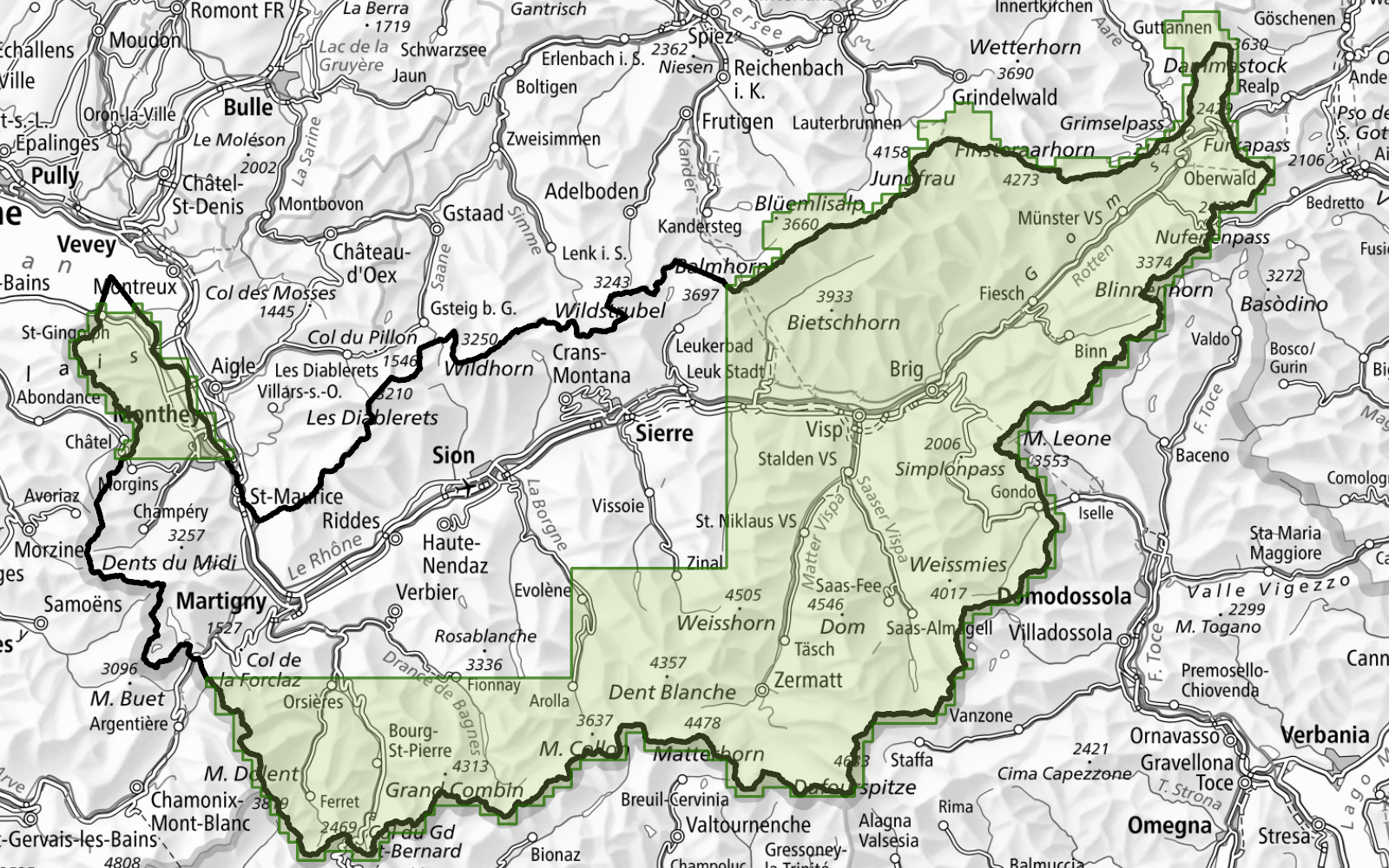 Das Bild zeigt die durch swissSURFACE3D abgedeckten Gebiete innerhalb des Kanton Wallis, mit dem Stand vom14.04.2023