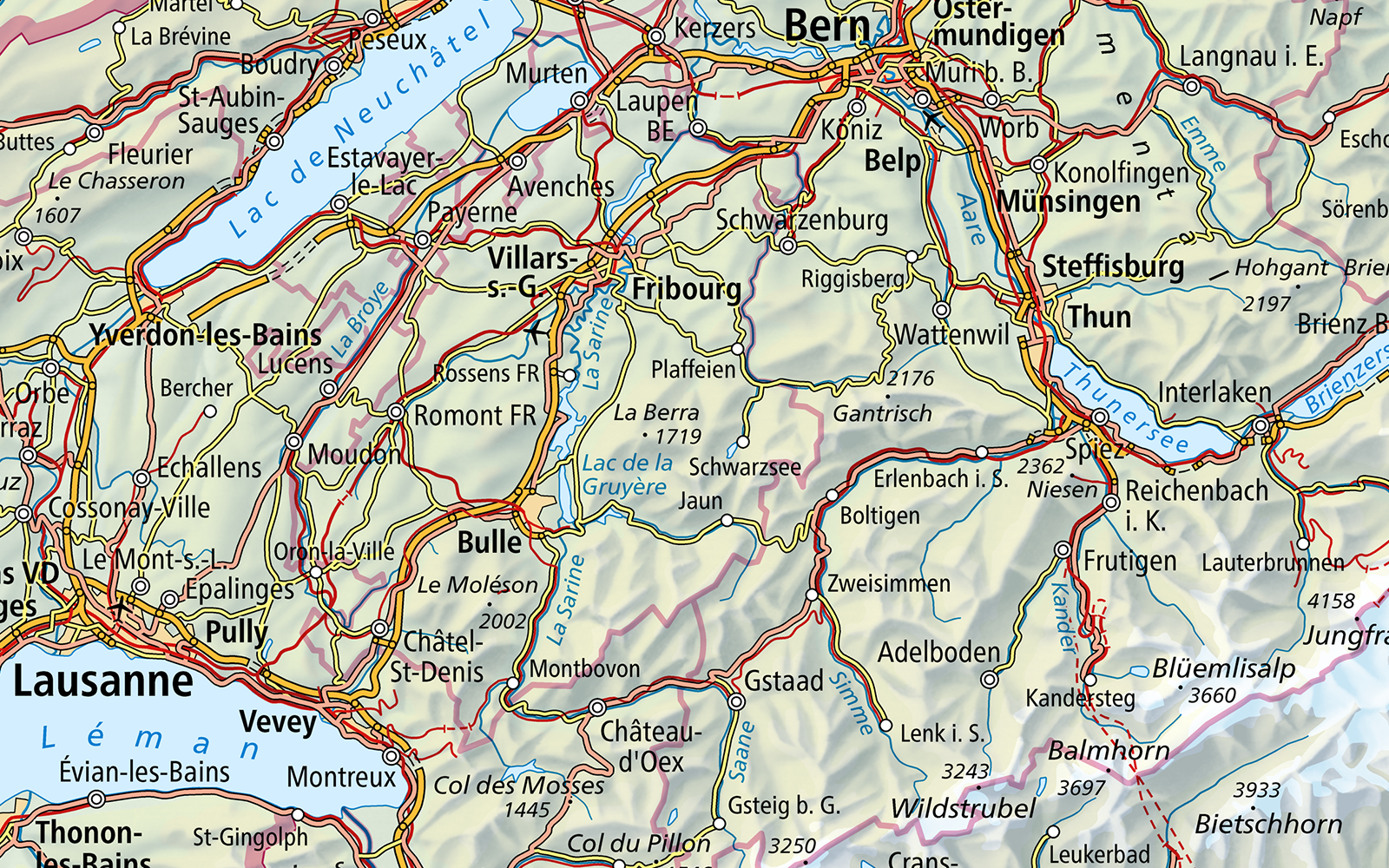 Das Bild zeigt einen Ausschnitt aus Swiss Map Raster 1000 der Region Lausanne - Bern - Interlaken.