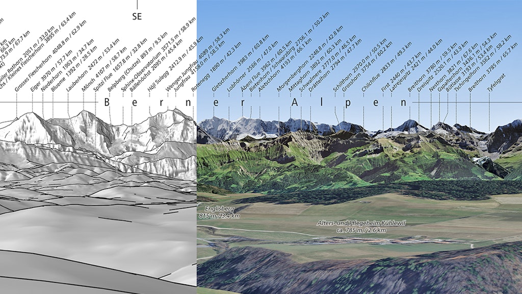 The collage shows two product variants of a DIGIRAMA Deluxe. On the left as a greyscale image and on the right a panoramic image overlaid with an orthophoto.
