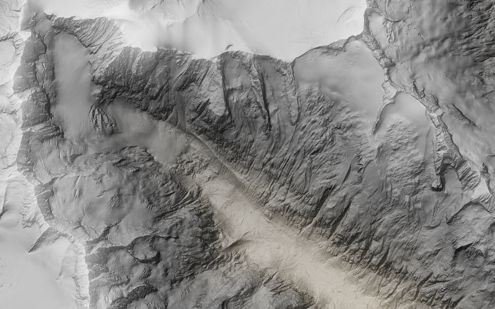 L'immagine mostra l'ombreggiatura colorata in rilievo della valle di Chelenalp e del ghiacciaio di Chelen con le cime circostanti.