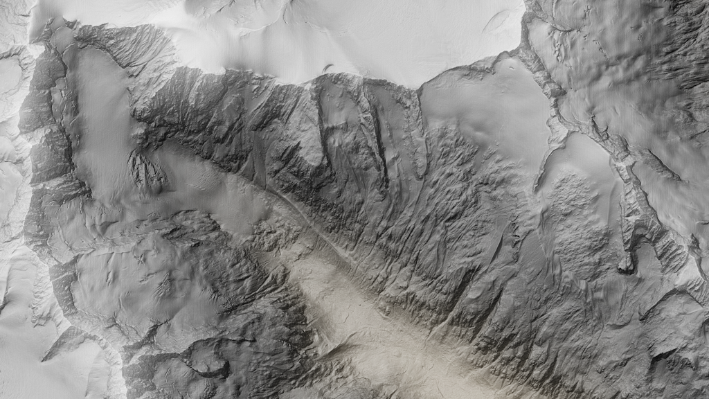 L'immagine mostra l'ombreggiatura colorata in rilievo della valle di Chelenalp e del ghiacciaio di Chelen con le cime circostanti.