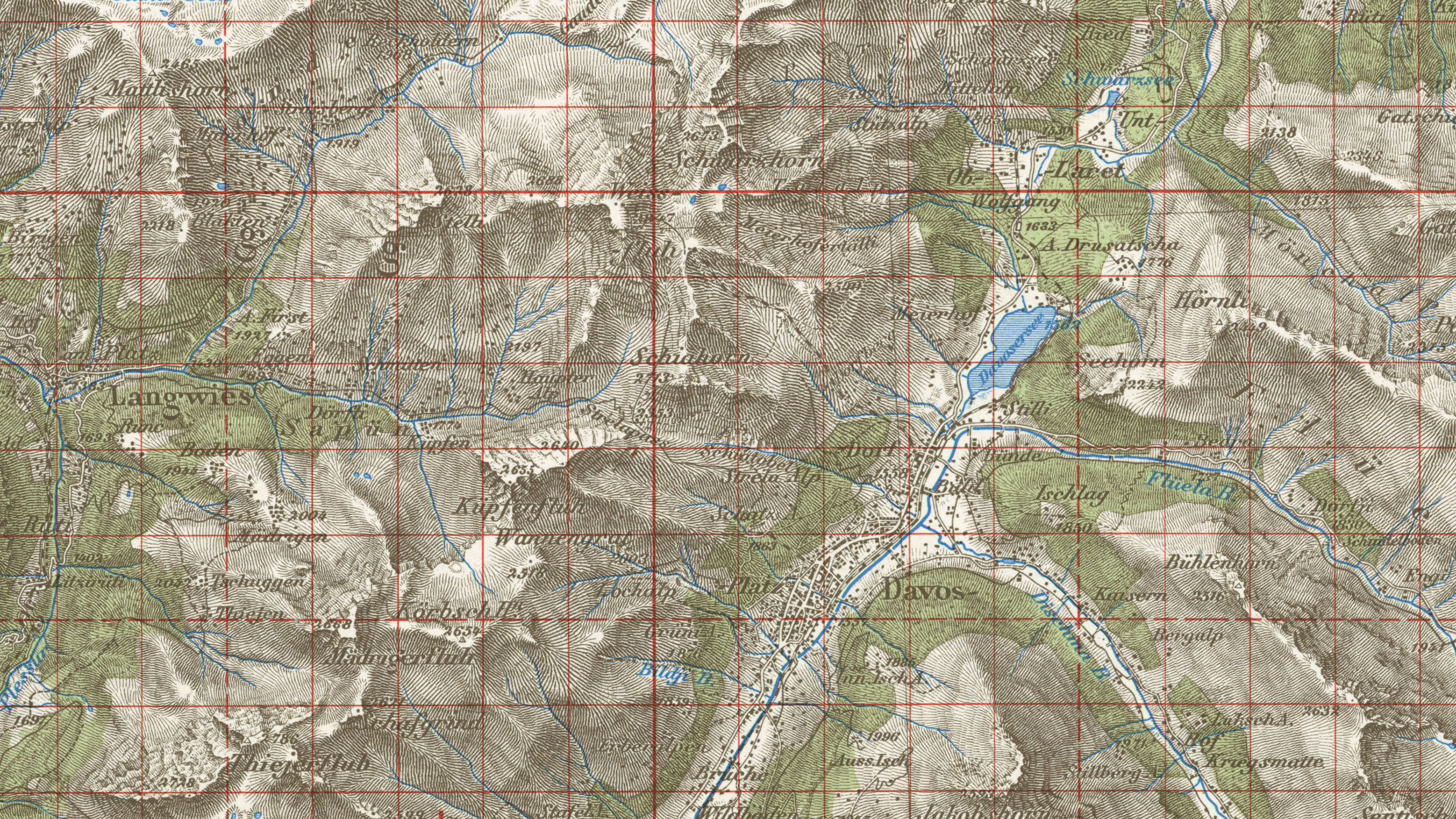 L'extrait de la carte Dufour montre Davos et ses environs, recouverts d'une quadrillage kilométrique rouge.
