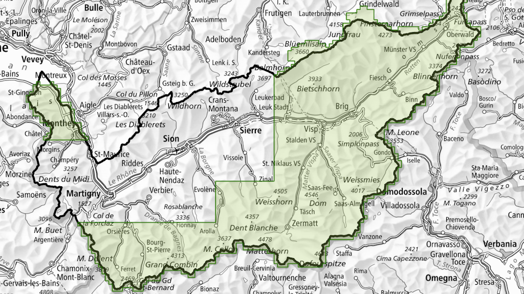 L'immagine mostra le aree coperte da swissSURFACE3D all'interno del Canton Vallese al 14 aprile 2023.