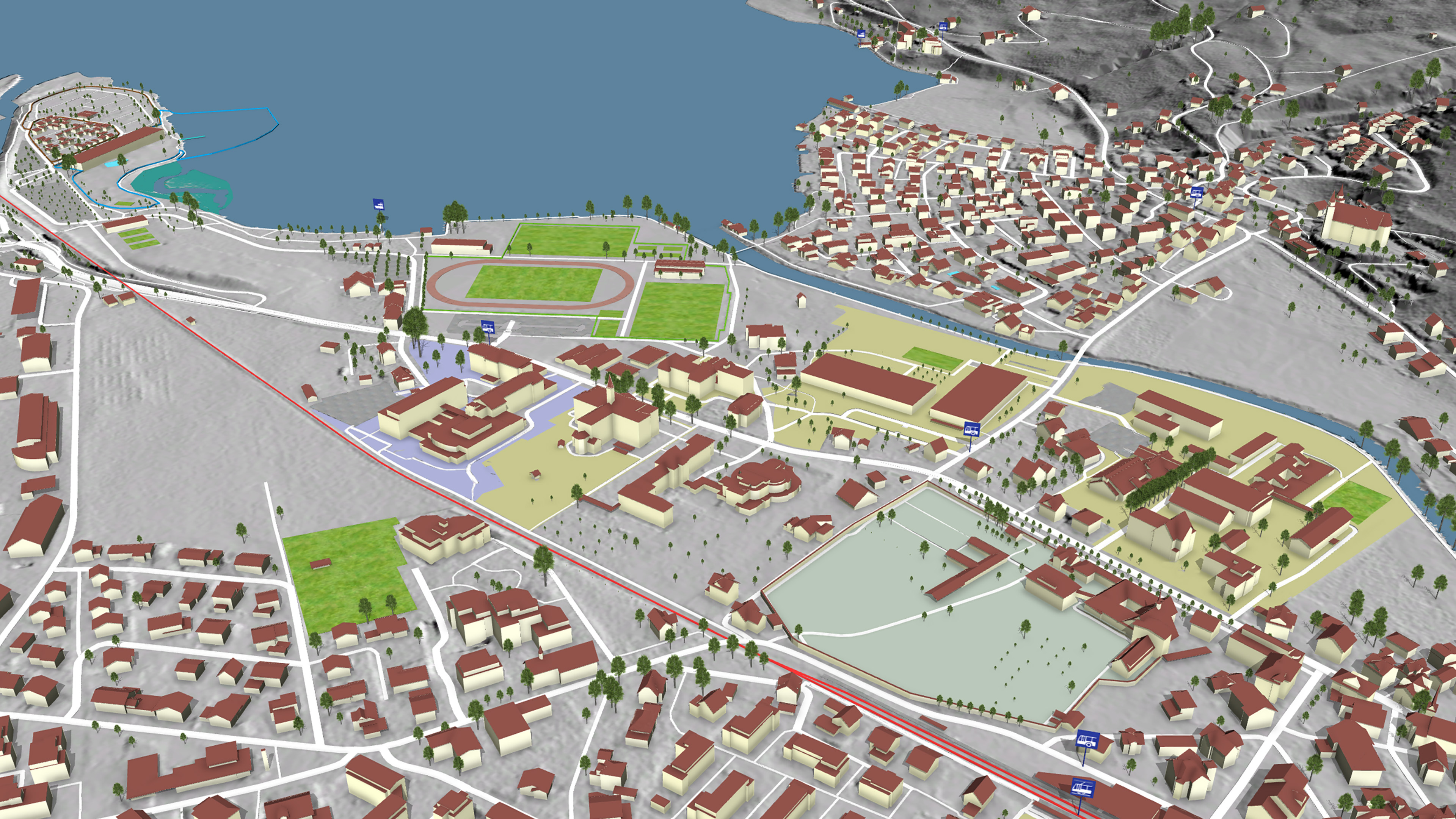 Rappresentazione virtuale del paesaggio in 3D da una vista a volo d'uccello di un'area edificata con un lago, creata con i dati del Modello Topografico del Paesaggio (TLM).