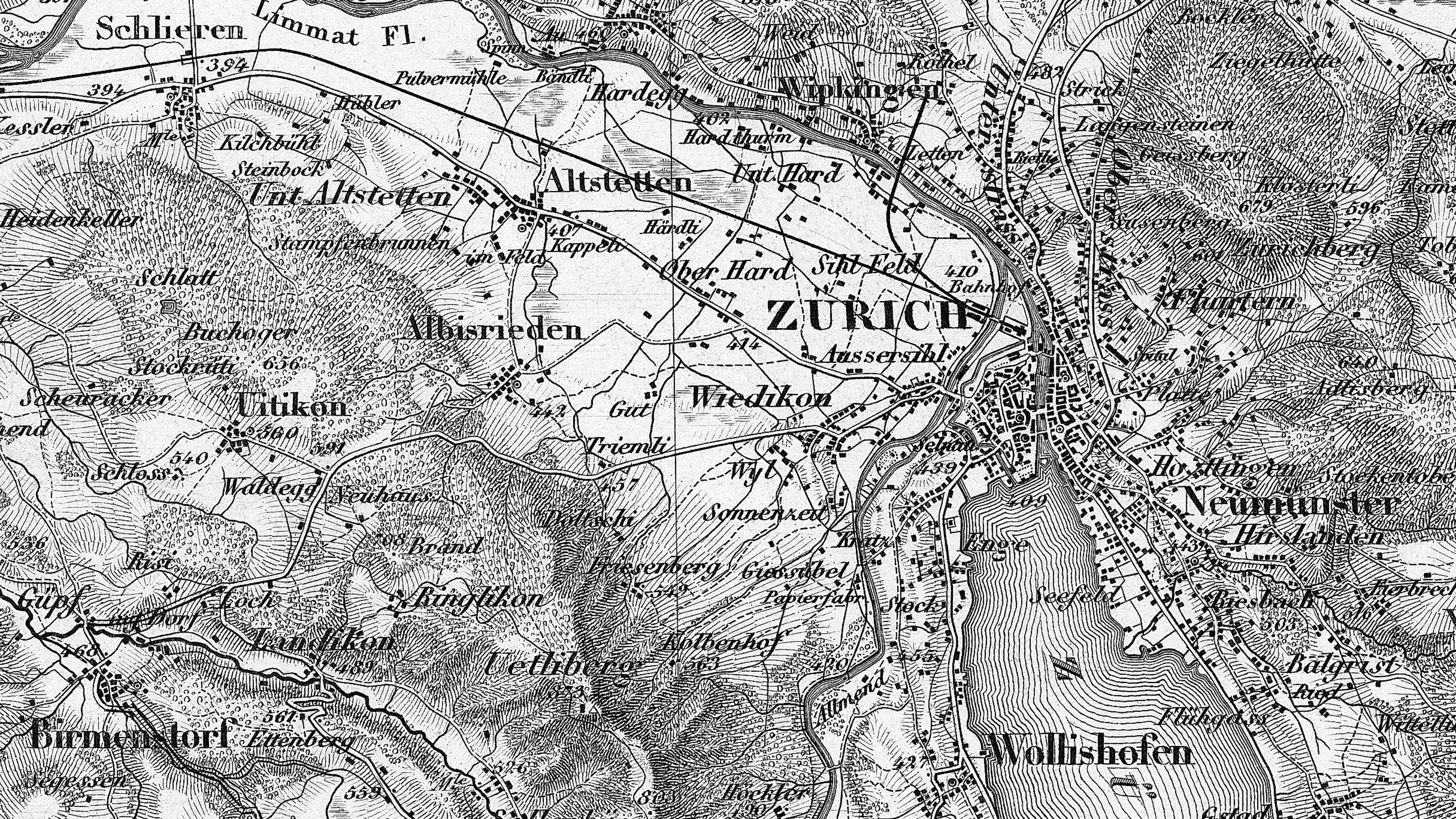 Una sezione della carta Dufour nella zona di Zurigo. La mappa è in bianco e nero e mostra il centro della città con il lago. Il dettaglio del foglio 8 della prima edizione della carta Dufour in scala 1:100.000 risale al 1861.