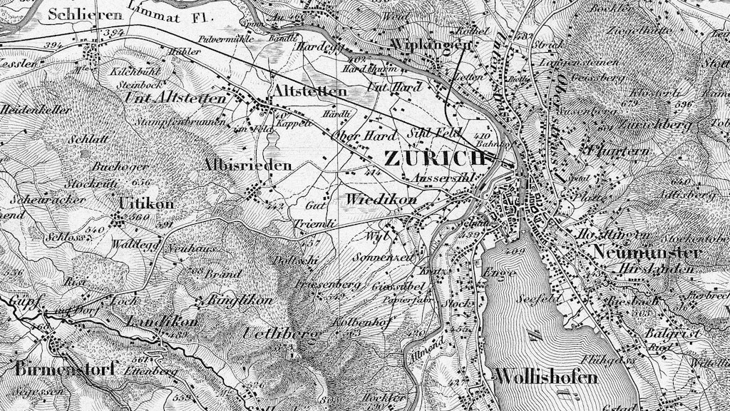 Una sezione della carta Dufour nella zona di Zurigo. La mappa è in bianco e nero e mostra il centro della città con il lago. Il dettaglio del foglio 8 della prima edizione della carta Dufour in scala 1:100.000 risale al 1861.