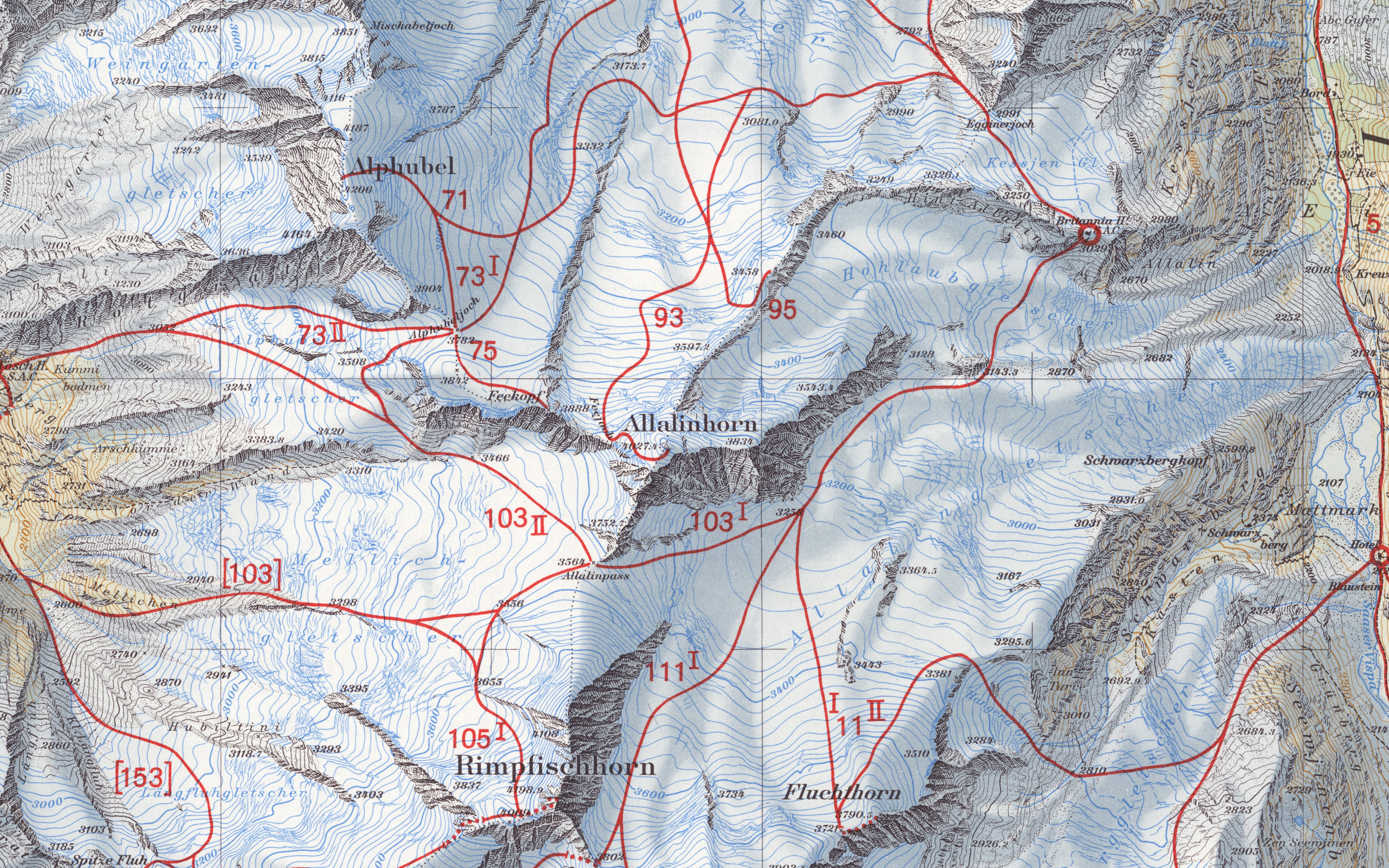 Extrait de la carte de randonnée à ski Mischabel de 1956. Les itinéraires à ski sont indiqués par des lignes rouges et pourvus de numéros.