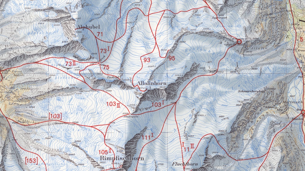 Extrait de la carte de randonnée à ski Mischabel de 1956. Les itinéraires à ski sont indiqués par des lignes rouges et pourvus de numéros.