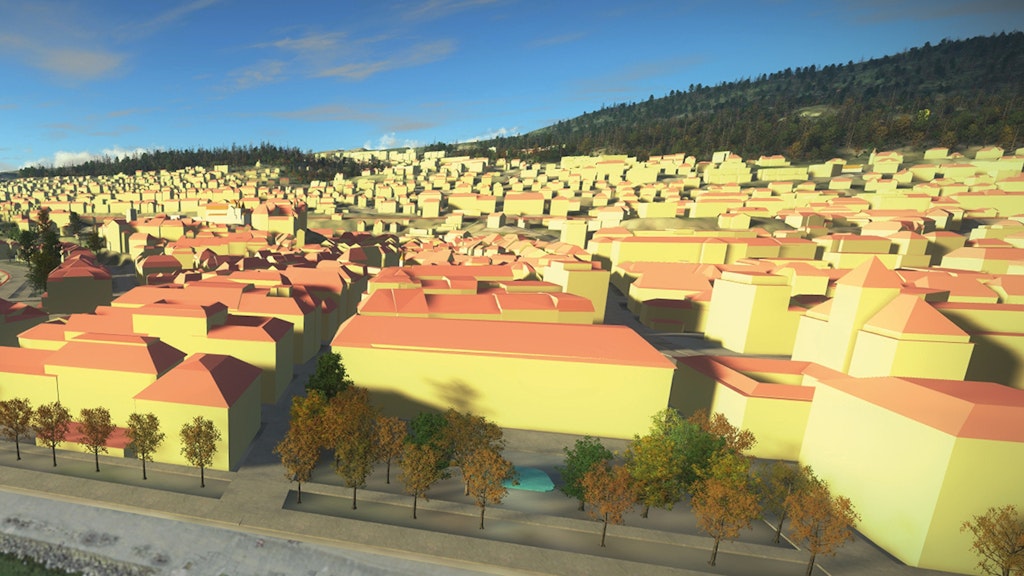 L'image montre des modèles de bâtiments en 3D de Neuchâtel vus du ciel, avec une vue du lac de Neuchâtel en direction du nord.