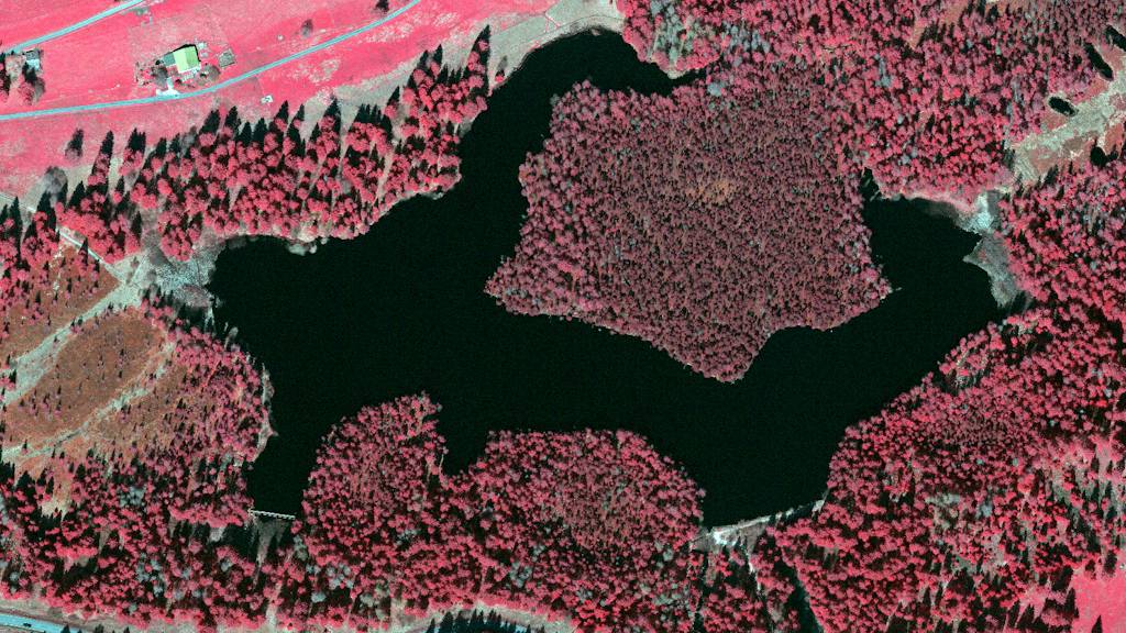 L'image montre une vue aérienne infrarouge de l'étang de la Gruère (JU).