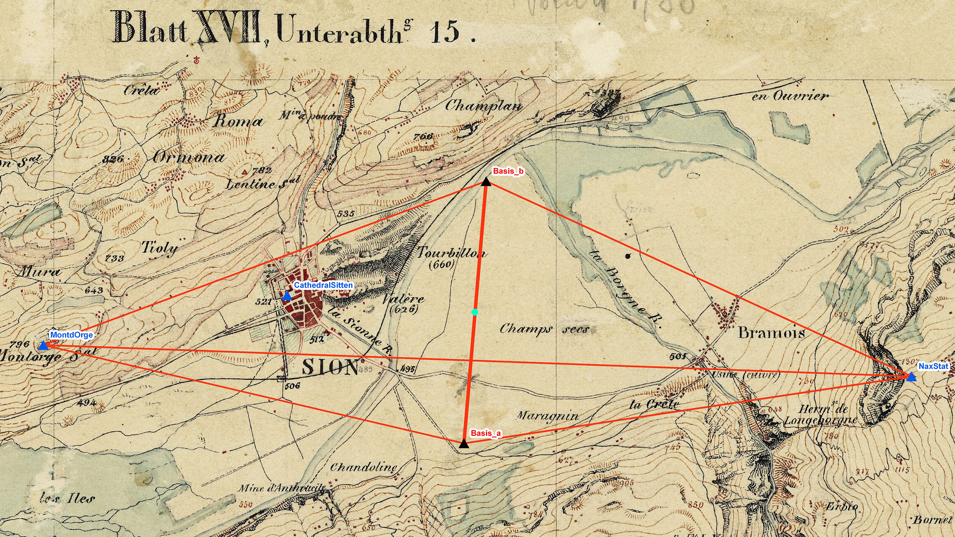 La base di Sion dal 1831 e il suo trasferimento ai punti di triangolazione vicini Mont d'Orge - Nax nel 1831.