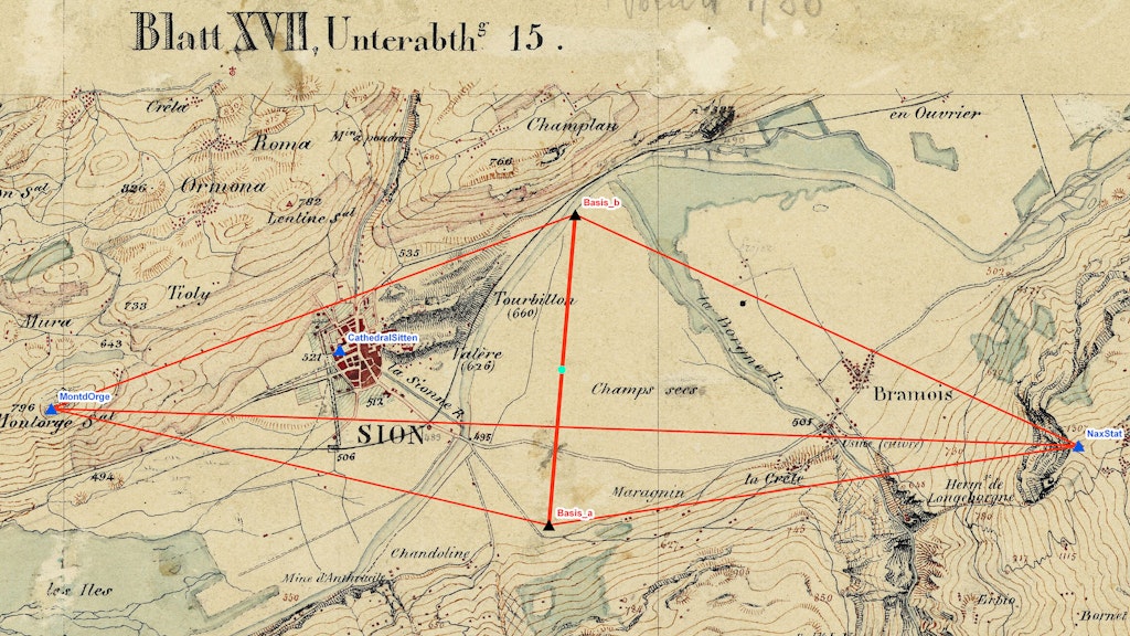 La base di Sion dal 1831 e il suo trasferimento ai punti di triangolazione vicini Mont d'Orge - Nax nel 1831.