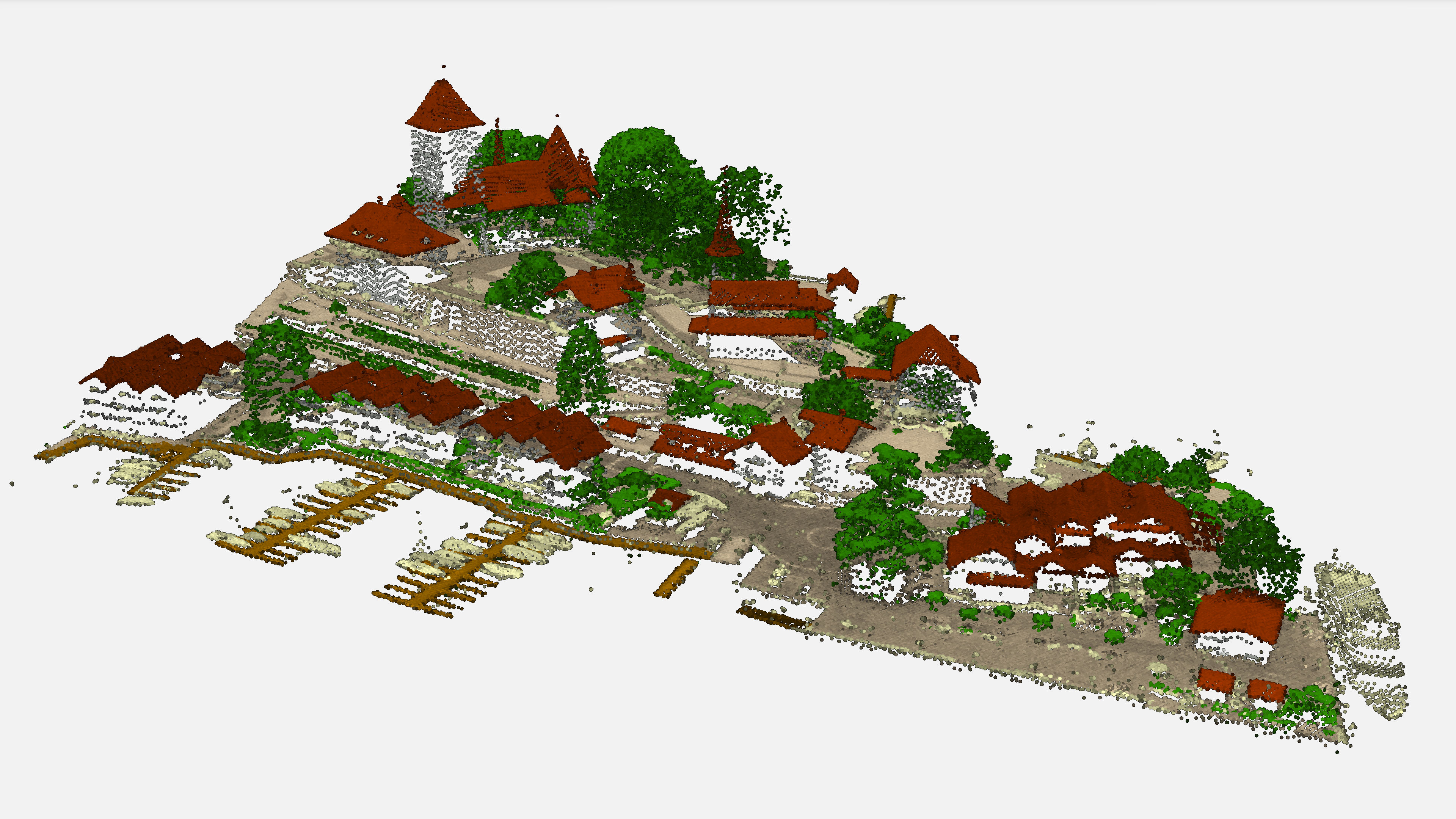Spiez Castle and the nearby harbour are shown in the form of a LiDAR point cloud. Each LiDAR point is coloured according to its classification and the intensity of the signal. Thus it is possilbe to distinguish between the ground, building roofs, building facades, vegetation and mobile objects such as boats.