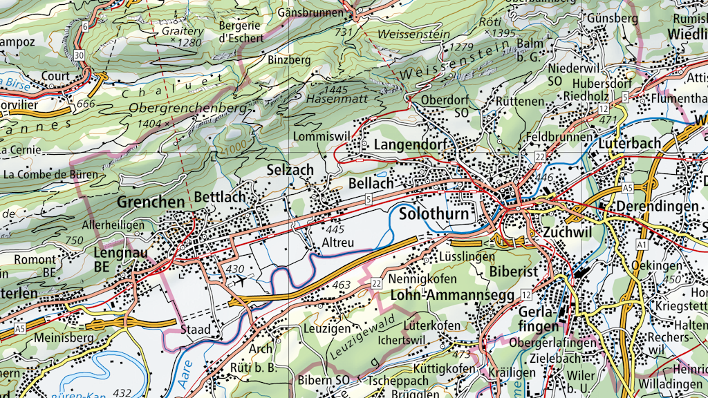 L'image montre un extrait de la carte Swiss Map Raster 200 de la région de Soleure à Pieterlen avec le Weissenstein.
